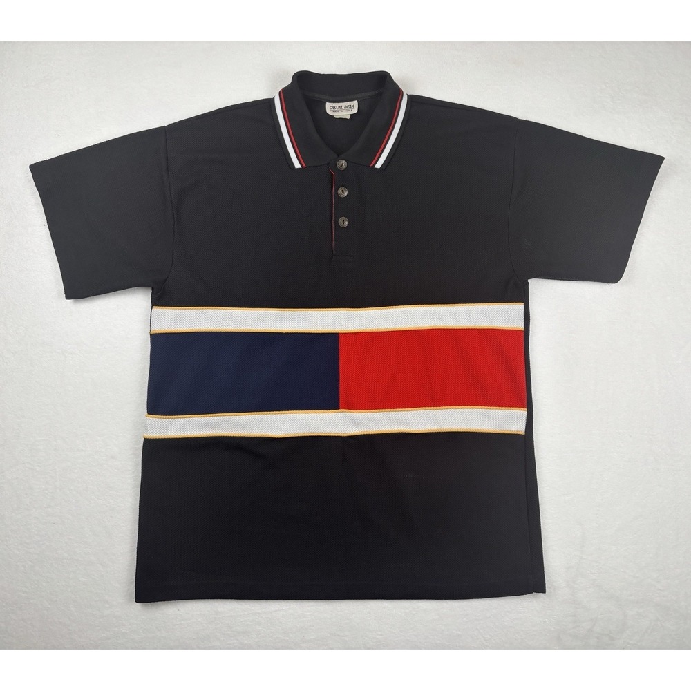 Vintage Y2K Casual Beam Flag Colorblock Polo Shirt Black Red Navy‎ Made in Korea